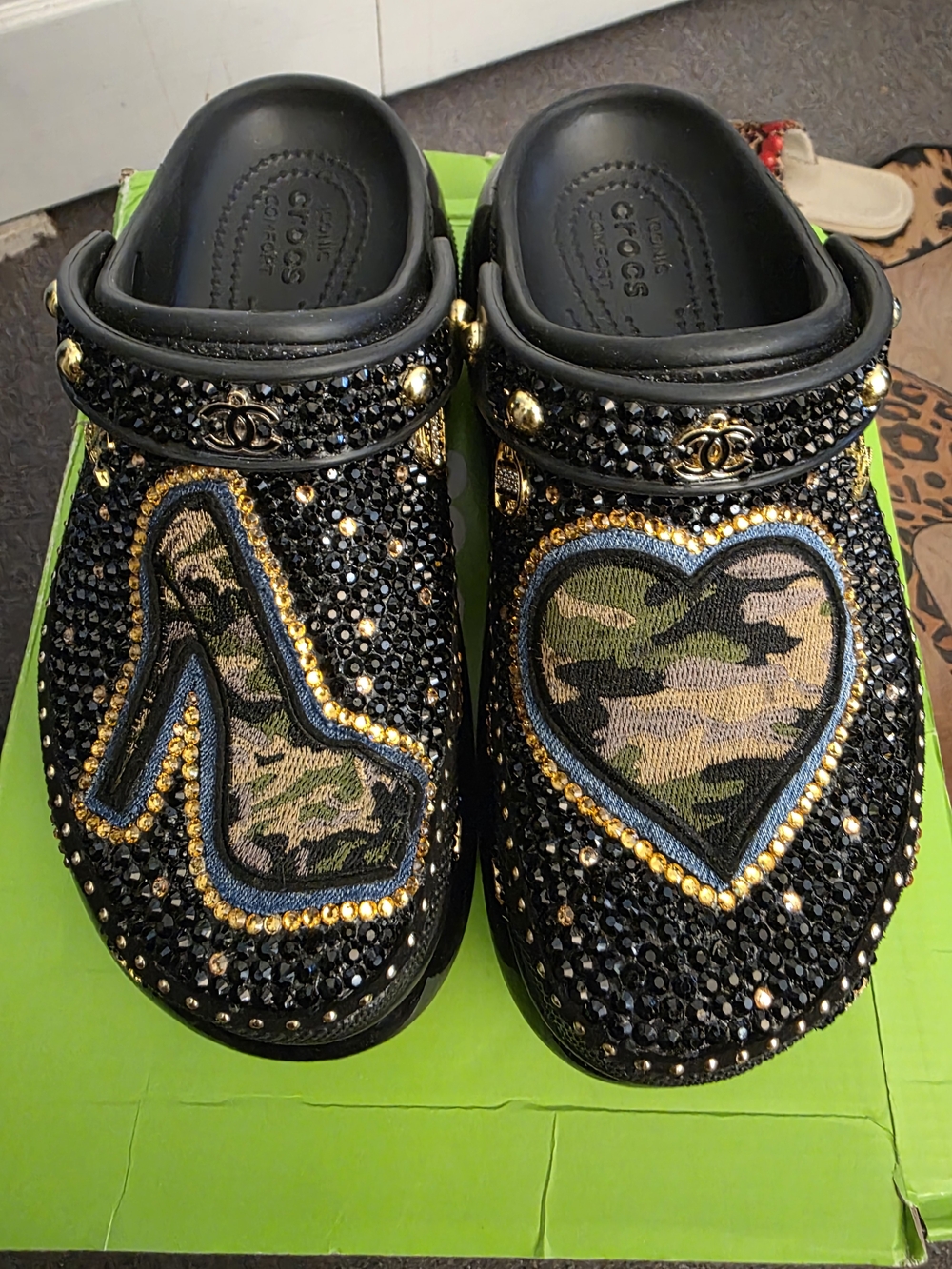Custom Blinged Crocs with Camouflage Heart and High-Heel Patch